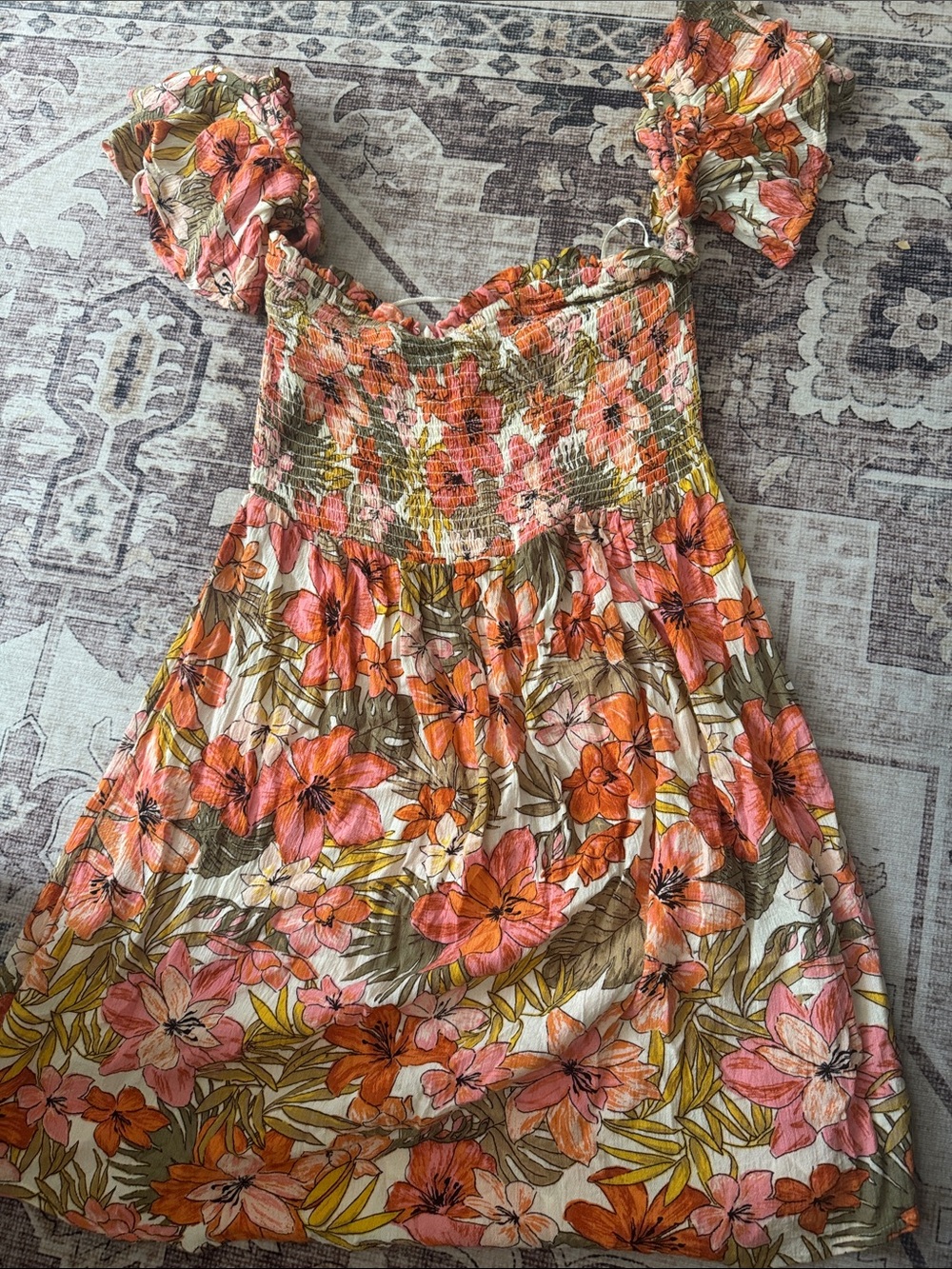 Billabong Coral, Pink & Olive Floral Smocked Sundress